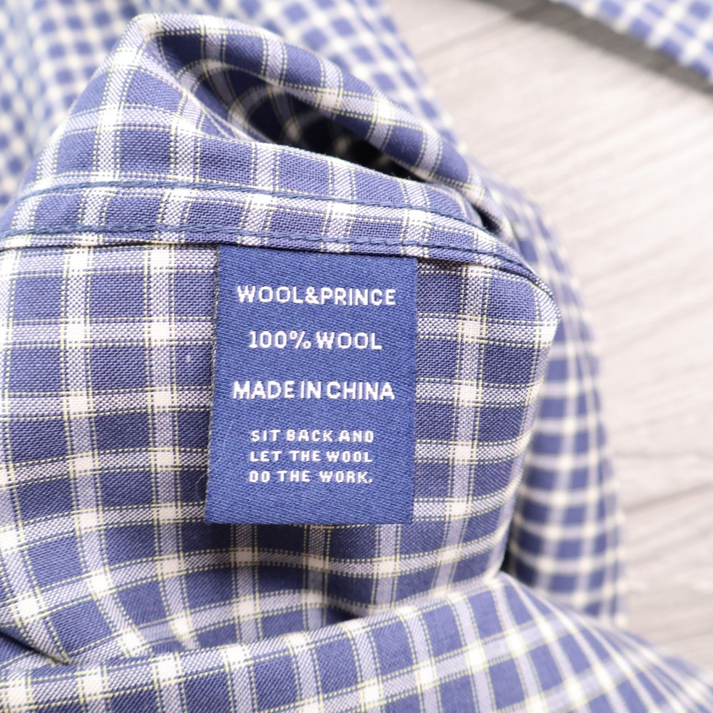 Wool & Prince Slim Merino Wool Gingham Shirt Men's M Blue White - Picture 11 of 11
